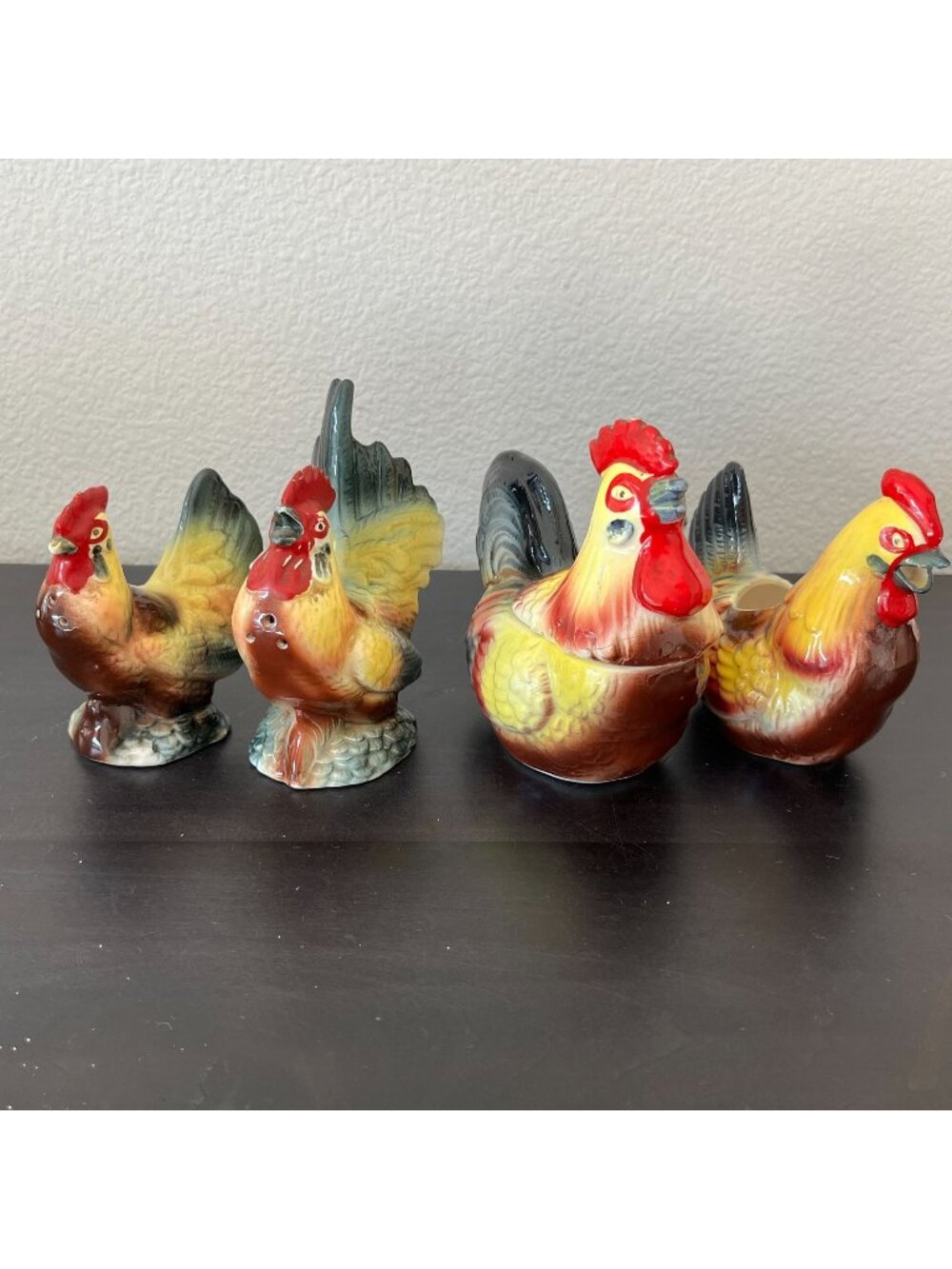 Vintage Ceramic Rooster Lot // Salt & Pepper Shakers plus Sugar Bowl & Creamer